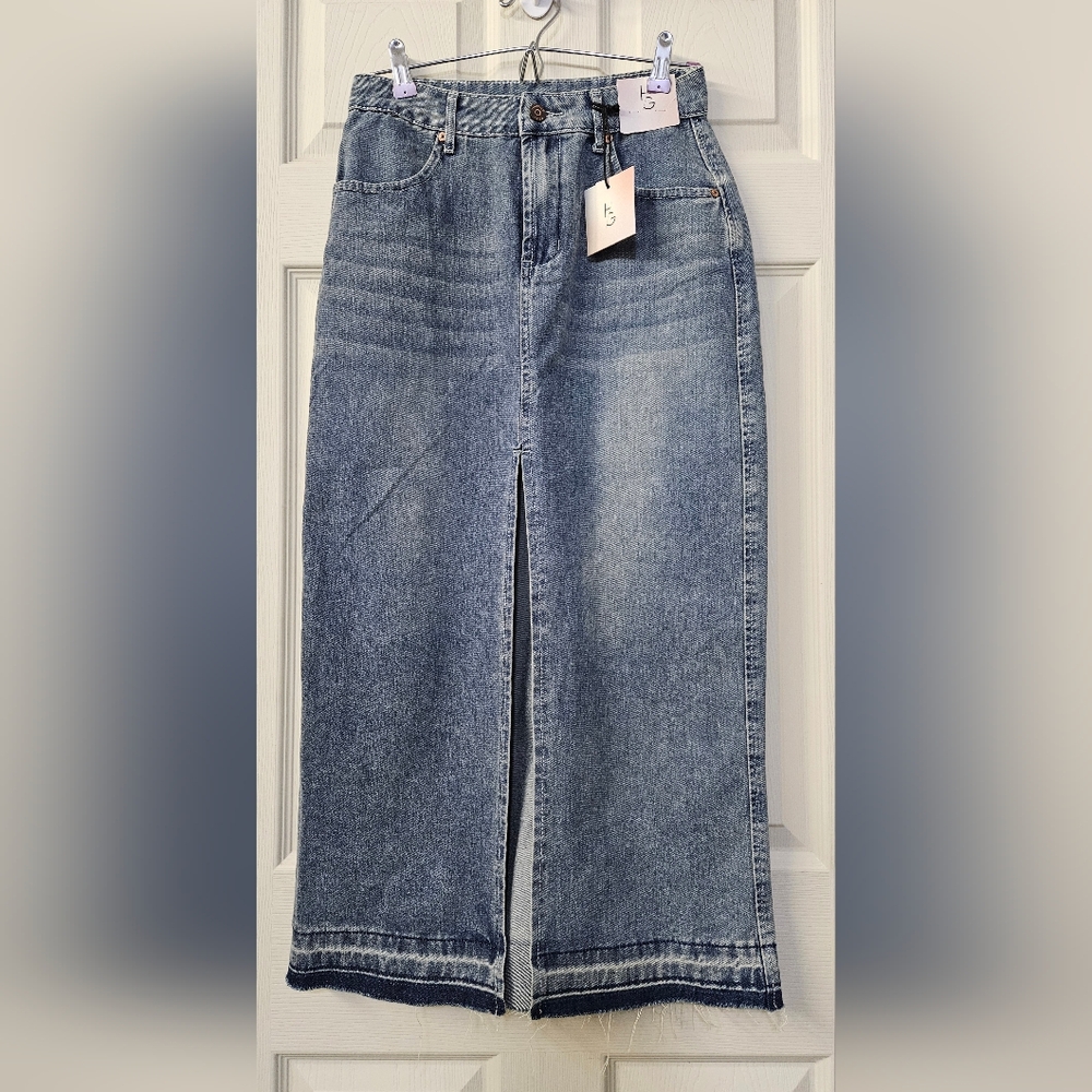Happily Grey Denim Maxi Skirt with Front Slit - Size 3- NWT
